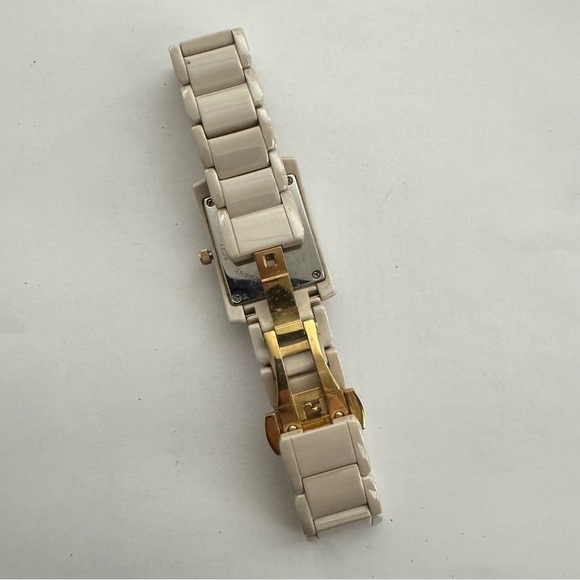 Isaac Mizrahi Live Ceramic Rectangular Dial Pale Taupe Gold Tone Watch
